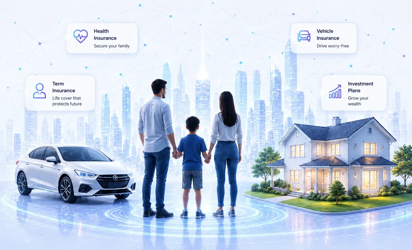 A family protected by QuickInsuree's AI-powered insurance ecosystem, with their car and home connected through a glowing network